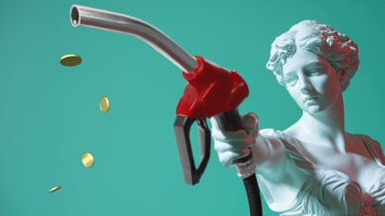 Gasoline pump nozzle in the hands of a white sculpture of Europe. The concept of fuel crisis in Europe.