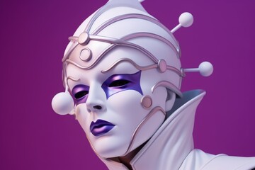 Creative carnival concept. White sculpture wearing carnival mask on purple background.