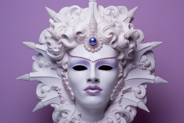 White Venetian mask on purple background. Close-up.