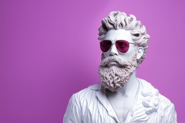 White sculpture of Zeus with mustache and beard wearing pink sunglasses on a purple background.