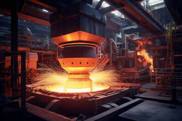 A powerful ladle furnace at a steel plant emits a shower of sparks as molten steel is processed, with a fiery glow casting dramatic light across the industrial scene