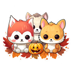 foxes stickers automn, kawaii, cute, cartoon on a white background created with Generative Ai
