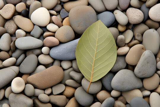 Sage Leaf and Pebbles on Riverbank Sand Peaceful composition of a sage leaf and smooth pebble rocks on the sandy riverbank, blending with nature's serene elements . Generative AI,