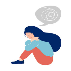 disturbing thoughts. girl sitting on a floor with a tangled ball of confused thoughts isolated on white background. world mental health day. vector illustration. Psychotherapy concept
