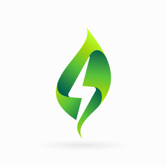 green energy symbol with leaf and thunder shape combination, green energy logo