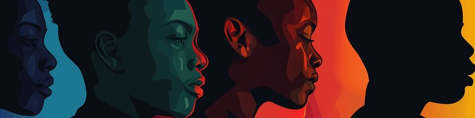 Ultra wide banner illustration of a group of men and women Black history Month celebration - generative ai - obrazy, fototapety, plakaty