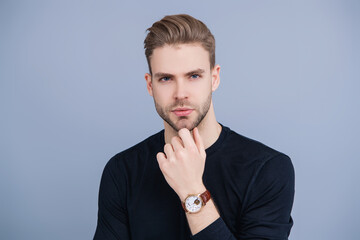 Man showing wristwatch. Time punctuality. Men in luxury wristwatch. Millennial man showing wrist...