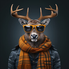 a deer in glasses and scarf, in the style of realistic images created with Generative Ai