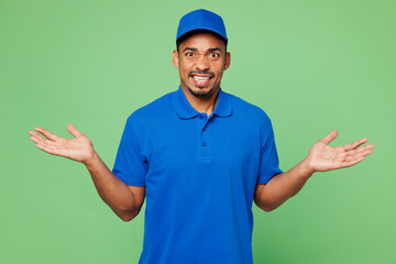 Professional delivery guy employee man wear blue cap t-shirt uniform workwear work as dealer...