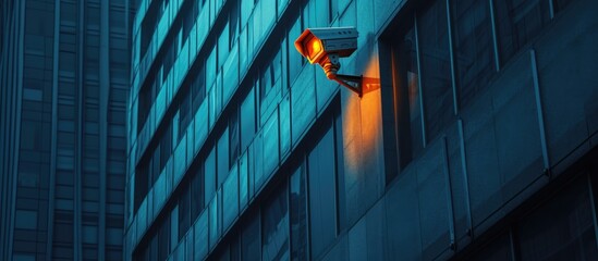 High-tech surveillance technology ensures urban safety by monitoring surroundings from a building's exterior. - obrazy, fototapety, plakaty