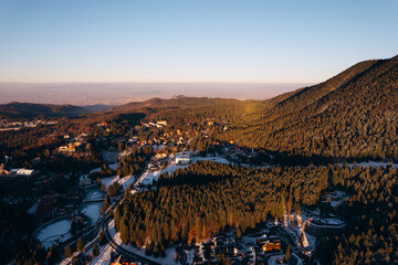 Mountains at sunset in winter.Top view of the mountains