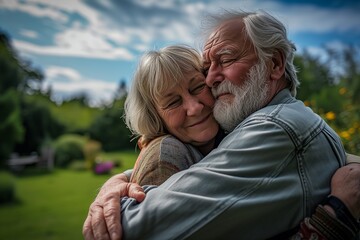 55 years old woman and 60 years old man looking happy and loving outdoor