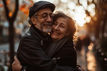55 years old woman and 60 years old man looking happy and loving outdoor