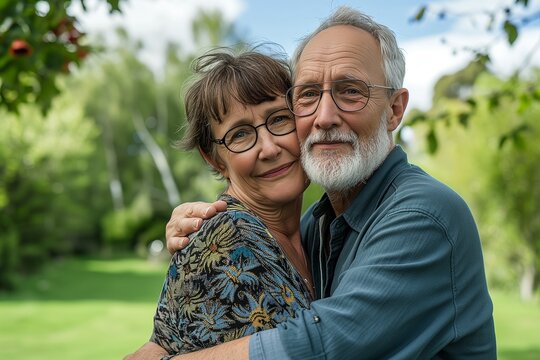 55 years old woman and 60 years old man looking happy and loving outdoor