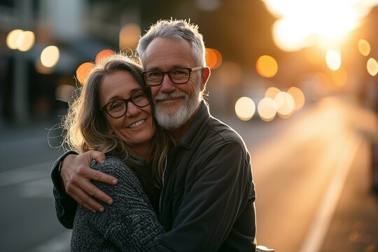 55 years old woman and 60 years old man looking happy and loving outdoor
