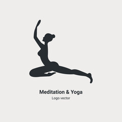Fototapeta na wymiar Silhouette of girl doing yoga. Modern minimalist style logo for meditation and yoga services and for dancing. Healthy Lifestyle Related Icon. Vector Symbol Illustration. Yoga for a good balance
