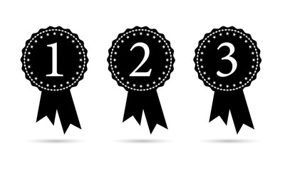 1st 2nd and 3rd prize medal with ribbon set in black and white color. Champion and winner awards medal set with star and red ribbon. First place trophy - Vector Icon