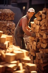 lumberjack stacking wood - obrazy, fototapety, plakaty