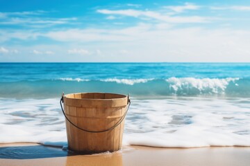 old wooden bucket on the beach looking out at the ocean
