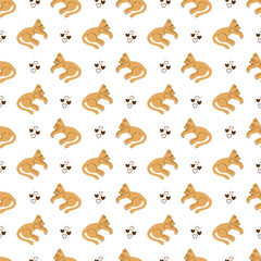 Cat and hearts doodle. Seamless pattern with cute abstract cat and hearts. Great for wrapping paper.