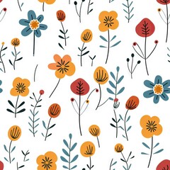 Seamless pattern simple doodle flowers on a white background retro style . print for fabric, wrapping paper. Wood Style