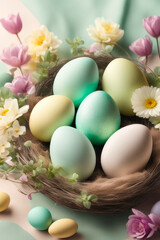 Celebrating Easter, holiday greeting card mockup with flowers and colored eggs. Spring backdrop.