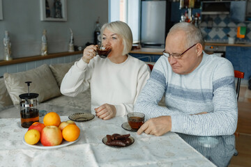 An elderly man and woman are sitting at a table drinking tea and talking