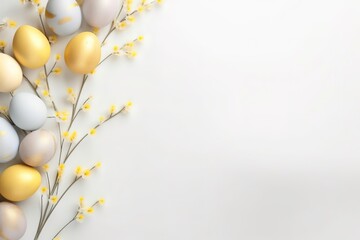 Obraz na płótnie Canvas Pastel blue and gold Easter eggs adorned with golden soft background for festive celebrations, copyspace for text.