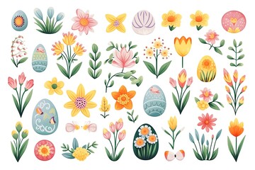 Vibrant Easter illustration set with eggs, flowers, bunny and floral patterns on white background, ideal for festive design and springtime crafts.