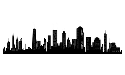 Black cities silhouette. Horizontal skyline in flat style isolated on white. Cityscape with windows, urban panorama of night town.