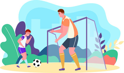 Young male soccer players, one with a ball, outdoor game. Boys playing football in field, sports activity vector illustration.