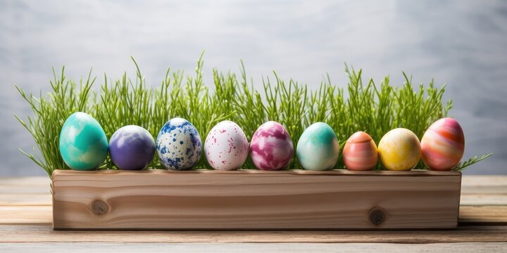 Easter-themed wooden display with painted eggs and green grass.