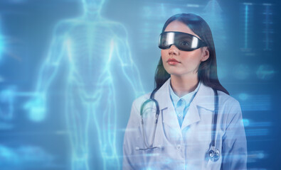 Female doctor using virtual reality glasses for medical analysis
