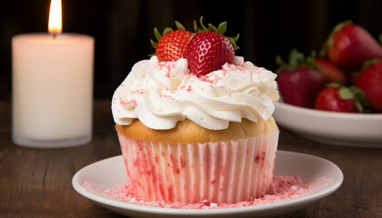 Elevate your dessert game with a strawberry cheesecake muffin topped with a whipped cream candle. The creamy cheesecake filling and sweet strawberries create a heavenly treat.