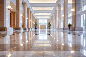 Interior of modern luxury lobby of commercial building, clean shiny floor in hall after professional care, perspective view. Concept of marble tile, hallway, business, office, corporate - obrazy, fototapety, plakaty