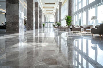 Modern interior of luxury lobby of commercial building, clean shiny floor in office hall after professional care, perspective view. Concept of marble tile, hallway, service, corporate - obrazy, fototapety, plakaty