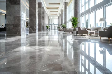 Foto op Canvas Modern interior of luxury lobby of commercial building, clean shiny floor in office hall after professional care, perspective view. Concept of marble tile, hallway, service, corporate © Natalya