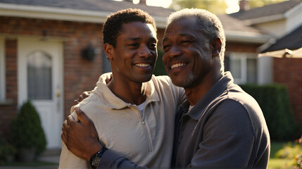 Loving senior father hugging adult son standing outside house smiling together. Cheerful african american man hugging mature dad outdoors - obrazy, fototapety, plakaty
