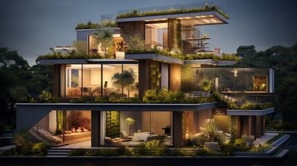 A home icon with a rooftop garden, highlighting the integration of nature and architecture in modern homes. - obrazy, fototapety, plakaty
