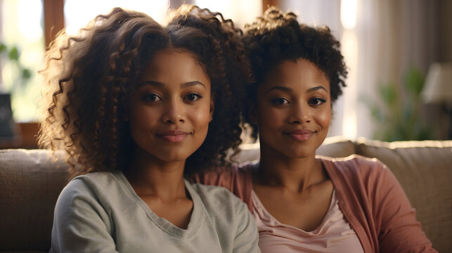 Closeup beauty portrait of young african american twin sisters sit on sofa at home. Cheerful african american women hugging indoors - Powered by Adobe