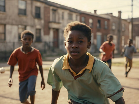 Portrait of a young handsome african boy playing football in the streets. Group of the kids are playing soccer outdoors