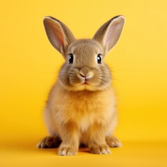 Cute bunny little ears, rabbit on yellow background, Easter celebrations and pet care