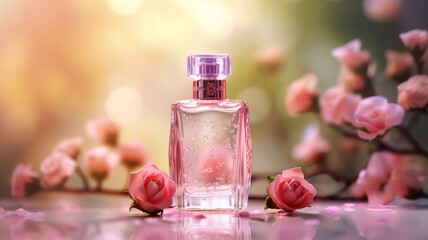 Obraz na płótnie Canvas Exquisite Fragrance: A Petite Bottle Infused with the Captivating Aroma of Roses - AI Generative