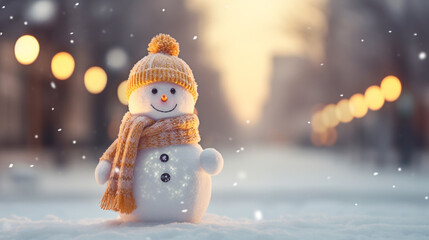 Super cute little snowman in the street, wearing knitted yellow scarf and beanie hat created with Generative Ai