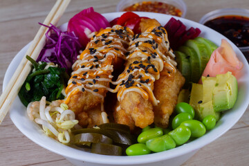 Chicken Karage Poke japanese food.