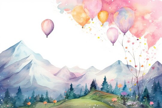 modern traditional painting watercolor mountains stars in pastel colors blossoms, flower, branches and butterflies