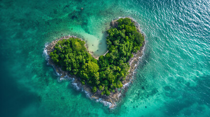 Green heart shaped tropical island in the sea. Valentine's day concept.  - obrazy, fototapety, plakaty