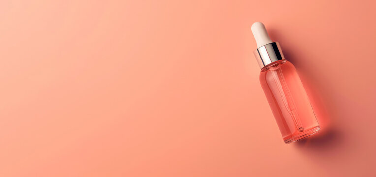 A single glass dropper bottle filled with a peach-colored serum is displayed against a matching pastel peach backdrop, embodying simplicity and luxury in skincare.