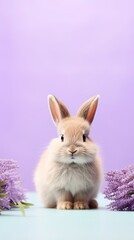 Fototapeta premium Cute bunny little ears, white rabbit on lavender background, Easter celebrations and pet care with copyspace for text.