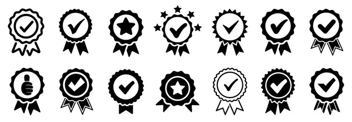 Approval check icon set isolated, approved or verified medal icon, certified badge symbol, quality certify sign, correct mark, award ribbon – vector